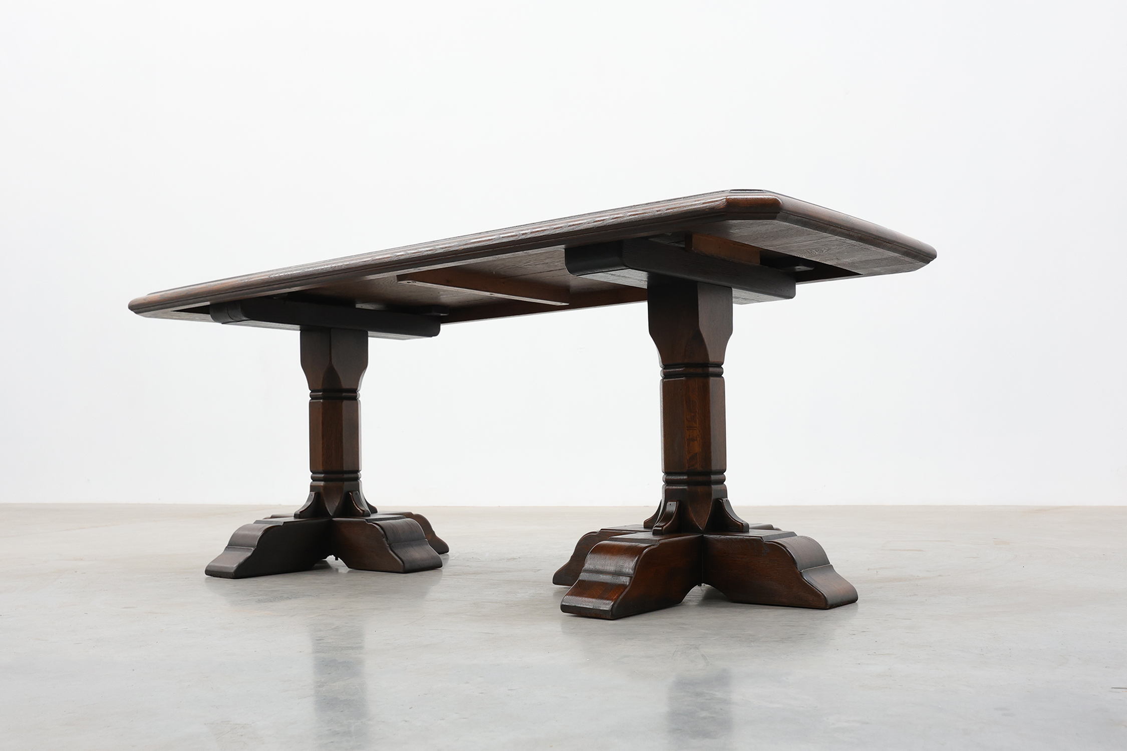 French Refectory Style Oak Dining Table with Turned Double Pedestal Base, 20th Centurythumbnail